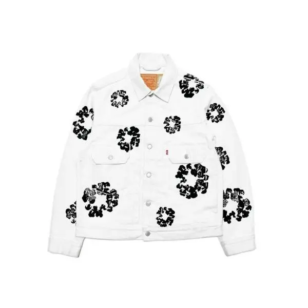 Denim Tears Levi's Cotton Wreath Denim Jacket Men's White — Graphic Wreath Denim Jacket, Casual Streetwear Outerwear, Cotton Construction, Button Front Closure, Long Sleeve Design, Classic Collar, Chest Pockets, Relaxed Fit, Versatile Everyday Jacket