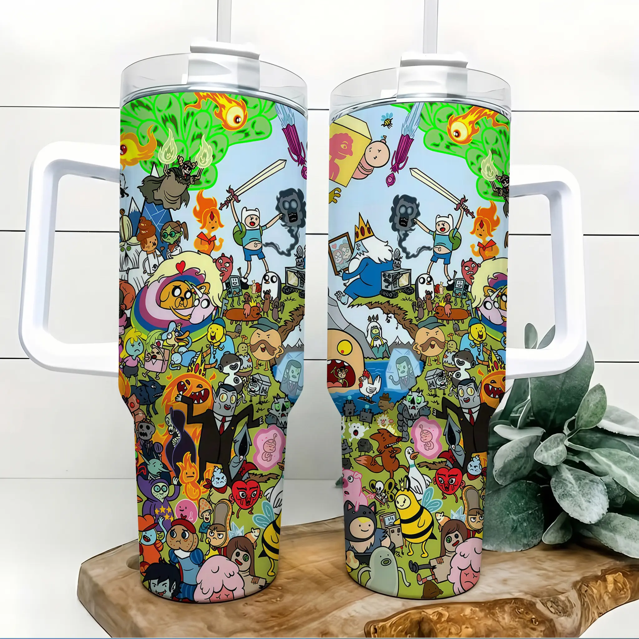 Adventure Time Fantasy Friends 40oz Tumbler with Handle and Straw Colorful Cartoon Character Art 304 Stainless Steel Insulated Travel Mug Keeps Cold 24H Hot 12H Large Capacity Coffee Water Cup for Kids Teens Fans School Gym Car Office