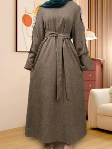 Women's Solid Color Pocket Lounge Dress, Casual Long Sleeve Robe, Ladies Sleepwear for All Seasons, Night Sleepwear