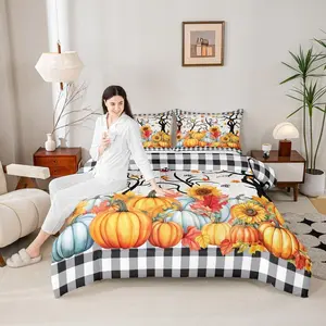 Fall Pumpkin Harvest Kids Comforter Setsunflowers Maple Leaves Autumn Bedding Set,Girls Boys Adults Room/Cabin Decor,Wooden Plank Grids Down Comforter,Rustic Duvet Insert
