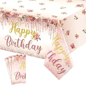 3 Pcs Happy Birthday Tablecloth Floral Birthday Table Cover Rose Gold Birthday Party Tablecloths Pink Disposable Plastic Tablecloths Birthday Decor for Girls Kids Baby Shower Party Supplies