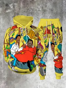 American Retro Style Hoodie Set, Classic Anime 3D Digital Print, Two-Piece, Casual, Long Sleeve, Fitted, Fall & Winter Wear