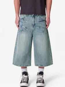 Men's Summer Thin Denim Seven-Point Pants, High Street Streetwear Lightning Pattern, Loose Fit Casual Wide Leg Shorts, Fashionable Brand Clothing