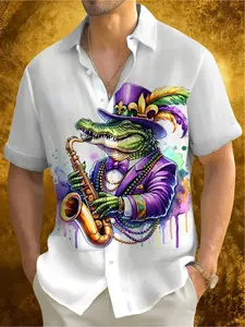Mardi Gras Alligator Jazz Print Men's Button- Short Sleeve Tropical Hawaiian Shirt