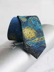 1pc Luxury Jacquard Skinny Tie with Van Gogh Starry Night Embroidery, High-End 2400 Needle Woven, Designer Tie with gift packaging, Unisex Tie, Artistic Gift for him& her, Styling