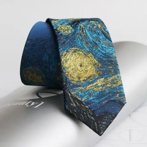 1pc Luxury Jacquard Necktie Skinny Tie with Van Gogh Starry Night Embroidery, High-End 2400 Needle Woven, Stylish Tie Design, Designer Tie with gift packaging, Unisex Tie, Artistic Gift for him& her, Styling