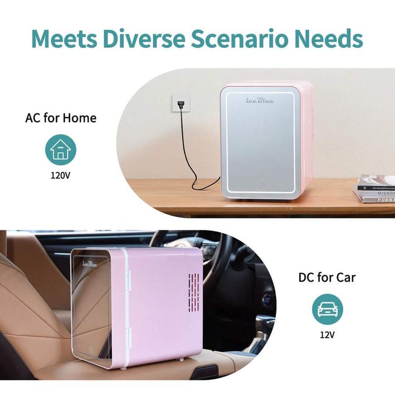 LED Mirror Skincare Mini Fridge - 4L Dual-Temperature Cooler For Makeup & Drinks (Pink/White) - Car/Home Portable Cosmetic Storage With Heating Function