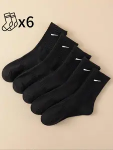 6 Pairs Unisex Black & White Minimalist Casual Mid-Calf Socks Simple, comfortable, and breathable, perfect for all seasons. Essential for campus life, seasonal leisure, and sports. Autumn Sock Style