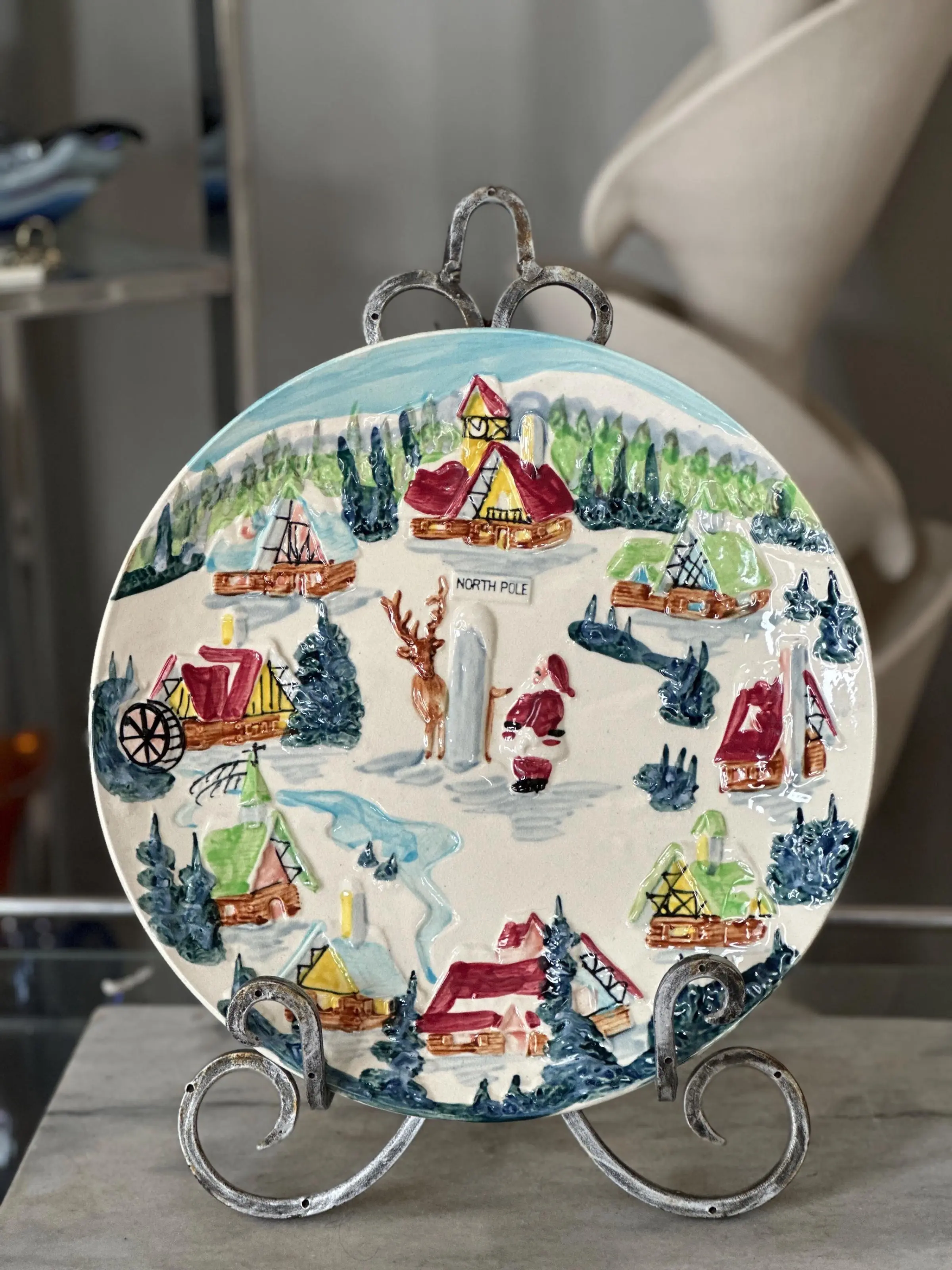 Vintage Christmas-themed Decorative ceramic plate featuring a scene of the North Pole | Made in Japan | 12”