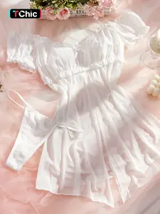 Women's Solid Frill Trim Bow Decor Lace Sheer Cami Nightdress & Thong Sexy Lingerie Two/Four-piece Set, Romantic Comfy Breathable Short Sleeve Split Hem Top & Thong Lingerie Set for Daily Wear, Women's Lingerie & Underwear for All Seasons