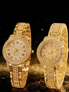 2-piece combined watches, luxurious and elegant gold quartz watches for women, delicate casual timepieces, Quartz Wrist Watches. The elegant round dial features a combination of Roman and Arabic numerals, making them exclusive gifts tailored for ladies.