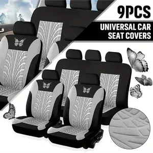 9PCS Universal Car Seat Covers Full Set Protector Cushion Front Rear 3D Butterfly Embroidery Pattern Airbag Compatible Washable Cloth Car Seat Cover Front & Split Rear Suitable for SUV Car Van Universal Mesh Set