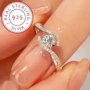 925 Silver Hollowed Twisted Engagement Ring - Four-Claw Circular Design, Elegant for Daily/Gifts - Valentine's Day Jewelry