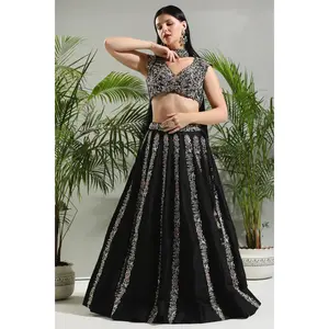 Black thread and mirror hand embroidered sunset bloom lehenga set