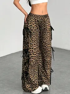 Women's Leopard Print Tie Side Wide Leg Pants, Casual Comfy Trousers for Daily Wear, Ladies Bottoms for All Seasons
