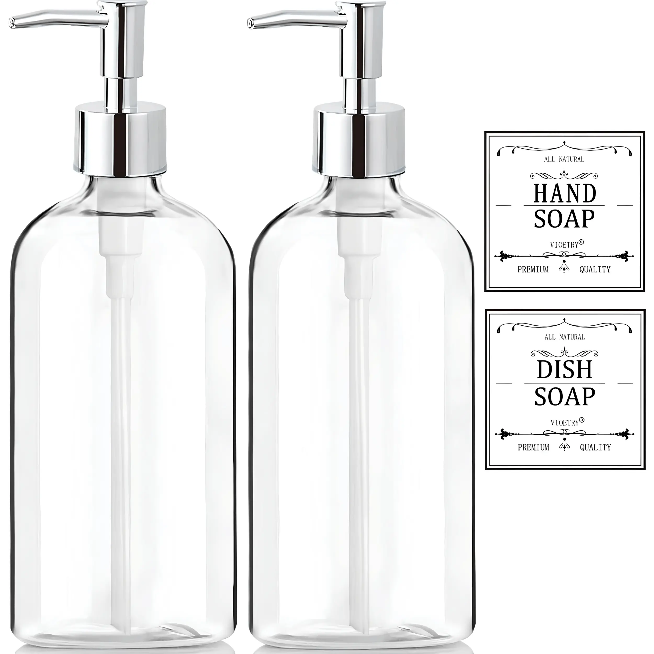 2PCS Clear Liquid Soap Dispensers 16 Oz Refillable Plastic Bottles with Rust Resistant Pumps & Waterproof Labels, Hand Soap and Dish Soap Dispenser for Kitchen & Bathroom Sinks, Countertop Storage, Easy Refill Design