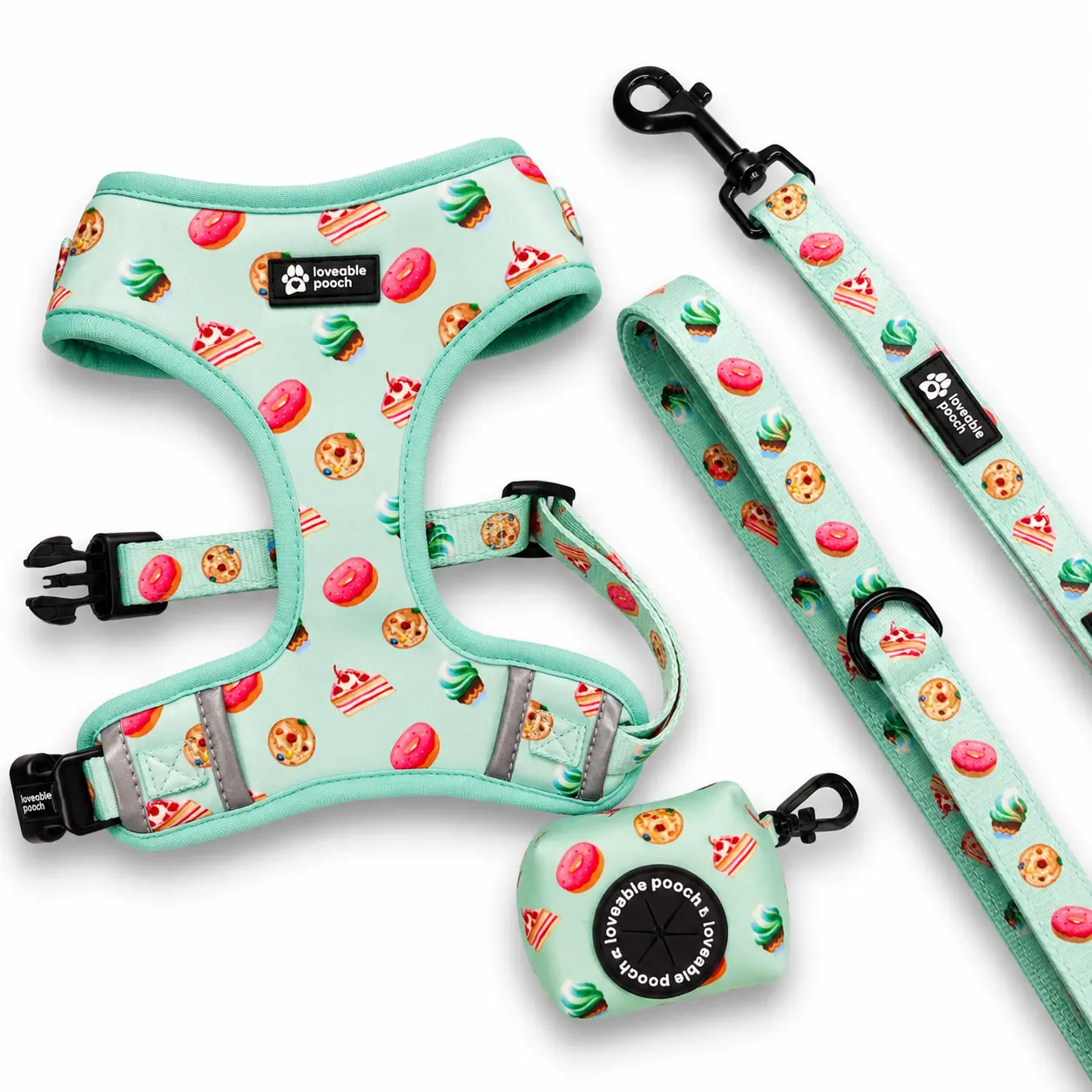 Sweet Treats Dog Harness Set with Matching Leash & Waste Bag Holder