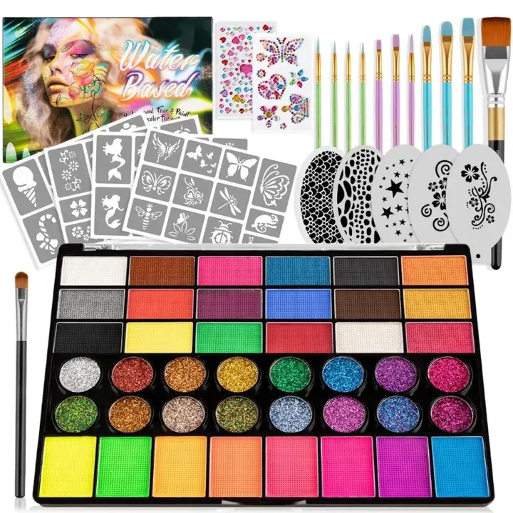 42-Color Face Painting Kit for Kids & Adults, Water Activated Non Toxic Face Paint Palette with 11 Brushes, 5 Reusable Stencils, 4 Sticker Stencils & 2 Gems, Perfect for Halloween, Mardi Gras, Christmas, Festivals & Party Makeup