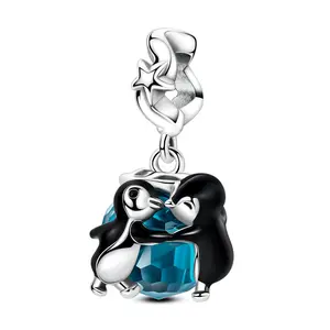 MULA S925 Silver Plated Dancing Penguin Charm with Blue Glass Crystals and Enamel Detail - Compatible with Pandora Bracelets, makes a cute animal jewelry gift for girls, teens and women