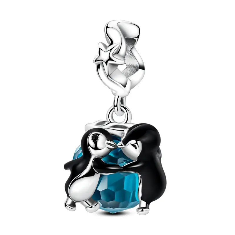 MULA S925 Silver Plated Dancing Penguin Charm with Blue Glass Crystals and Enamel Detail - Compatible with Pandora Bracelets, makes a cute animal jewelry gift for girls, teens and women