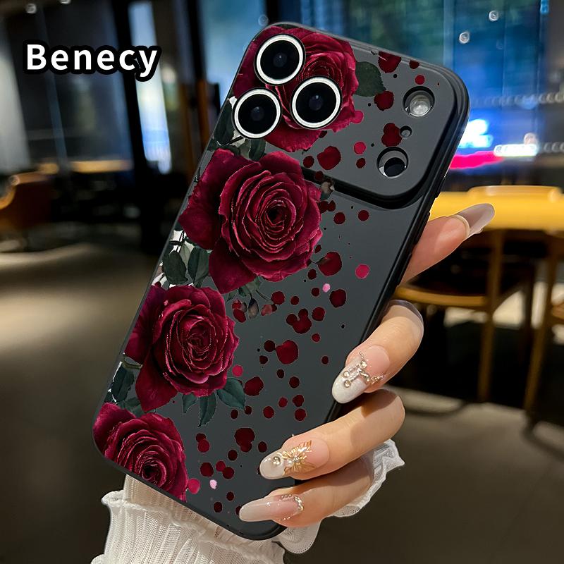 Straight Edge Phone Case for iPhone 17 15 16 14 Pro Max 13 12 11 XR XS Plus Air E Blooming Ruby Roses Pattern Drop Protection Shockproof Soft Liquid Silicone Smartphone Cover