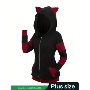 Plus Size 3D Ear Design Colorblock Jersey Zip-Up Hooded Coat, Casual Long Sleeve Pockets Outerwear for Spring & Autumn, Women’s Clothing for Everyday Wear