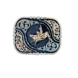 Gold Rodeo Rider Belt Buckle with Detailed Design and Gemstone Accents