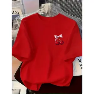 Women's Oversized Anime Cherry Blossom & Cherry Print T-Shirt - 100% Relaxed Fit Round Neck Short Sleeve Casual Summer Party Outfit, Breathable Casual Attire with Japanese Manga Style Design, Machine Washable, Vibrant Green with Pink Bow & Cherry Anime Pr