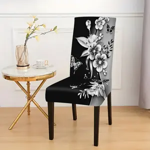 2/4/6Pcs Universal Chair Covers | Black White Floral Butterfly Print, Removable Washable Stretch Slipcovers for Dining Room Decor