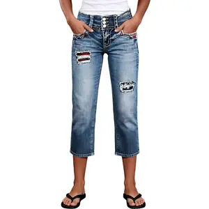 Flamingal Wash Star Embroidered Patched Ripped High Rise Straight Leg Capri Jeans