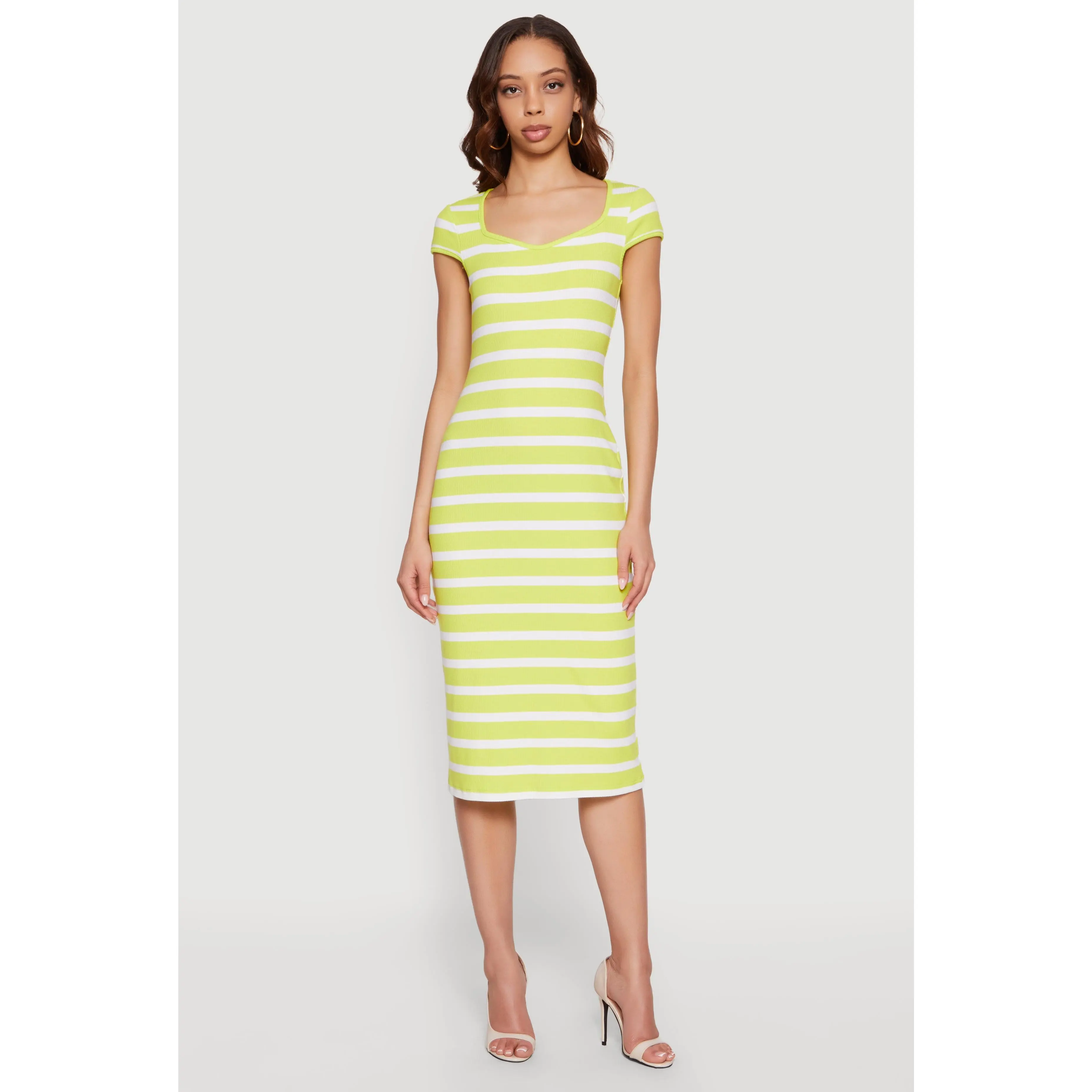 Striped Rip Knit Cap Sleeve V-Neck Midi Dress