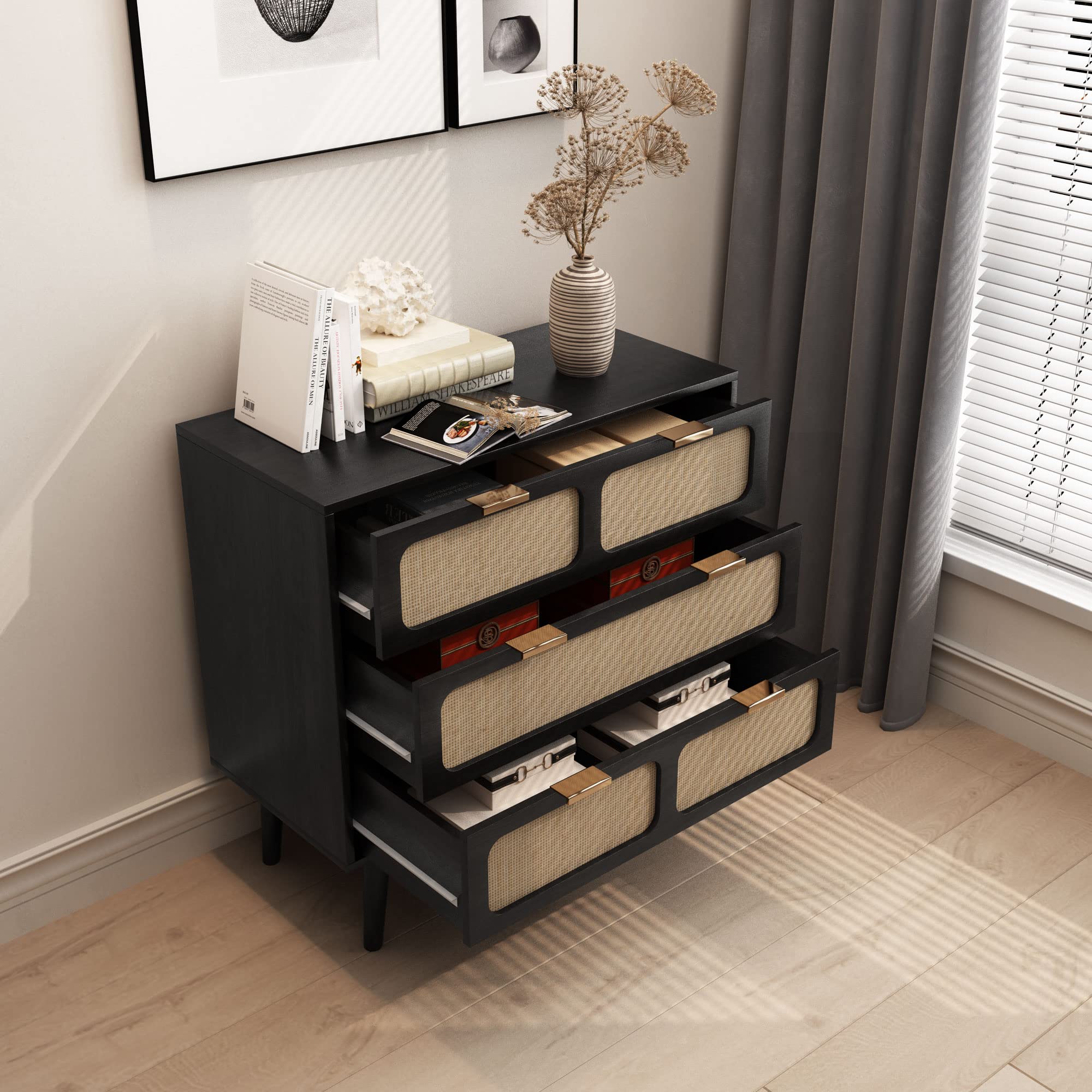 Giratree 3 Drawer Dresser, Modern Rattan Dresser Chest with Wide Drawers and Metal Handles, Farmhouse Wood Storage Chest of Drawers for Bedroom, Living Room, Hallway, Entryway