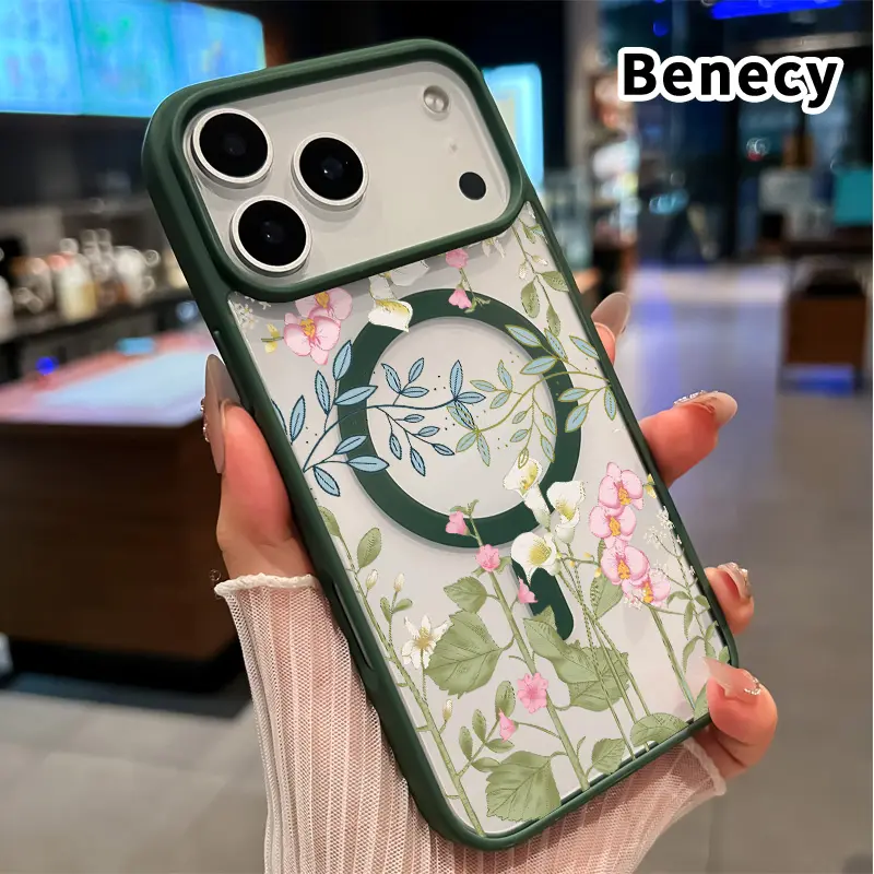 Magnetic Phone Case  Compatible with iPhone 17 16  Pro Max Plus 15 14 13 12 11 Air E  Floral Leaf Reverie Pattern Acrylic Back TPU Edges Clear Shockproof Air-Guard Corners Cellphone Cover