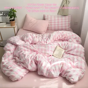 Pink Plaid Duvet Cover Set (3/4 Pieces) Girlish Pink and White Checked Gingham Design Bedding Set Simple and Cosy Check Quilt Cover With Zipper and Ties (1 quilt cover + 1 flat sheet + 1/2 pillowcases)