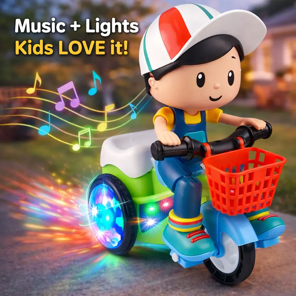 Light Up Musical Bump & Go Tricycle Toy for Toddlers Kids, 360° Spinning Electric Moving Toy with LED Lights, Music, Obstacle Avoidance, Wiggle Action, Sensory Play, Crawling Toy, Birthday Christmas Holiday Gift for Boys Girls, Indoor Floor Play Toy Gift