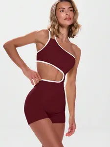 Musera Sport Asymmetrical Neck Contrast Trim Cut Out Unitard Active Workout Gym,Padel, Tennis, Pickleball Gym Fitness Yoga Pilates Daily Casual Summer