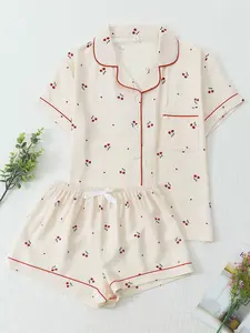 Women's Sleepwear Set Cherry Heart Print Sweet Lapel Short Sleeve Top with Pocket and Bow Shorts Casual Home Wear