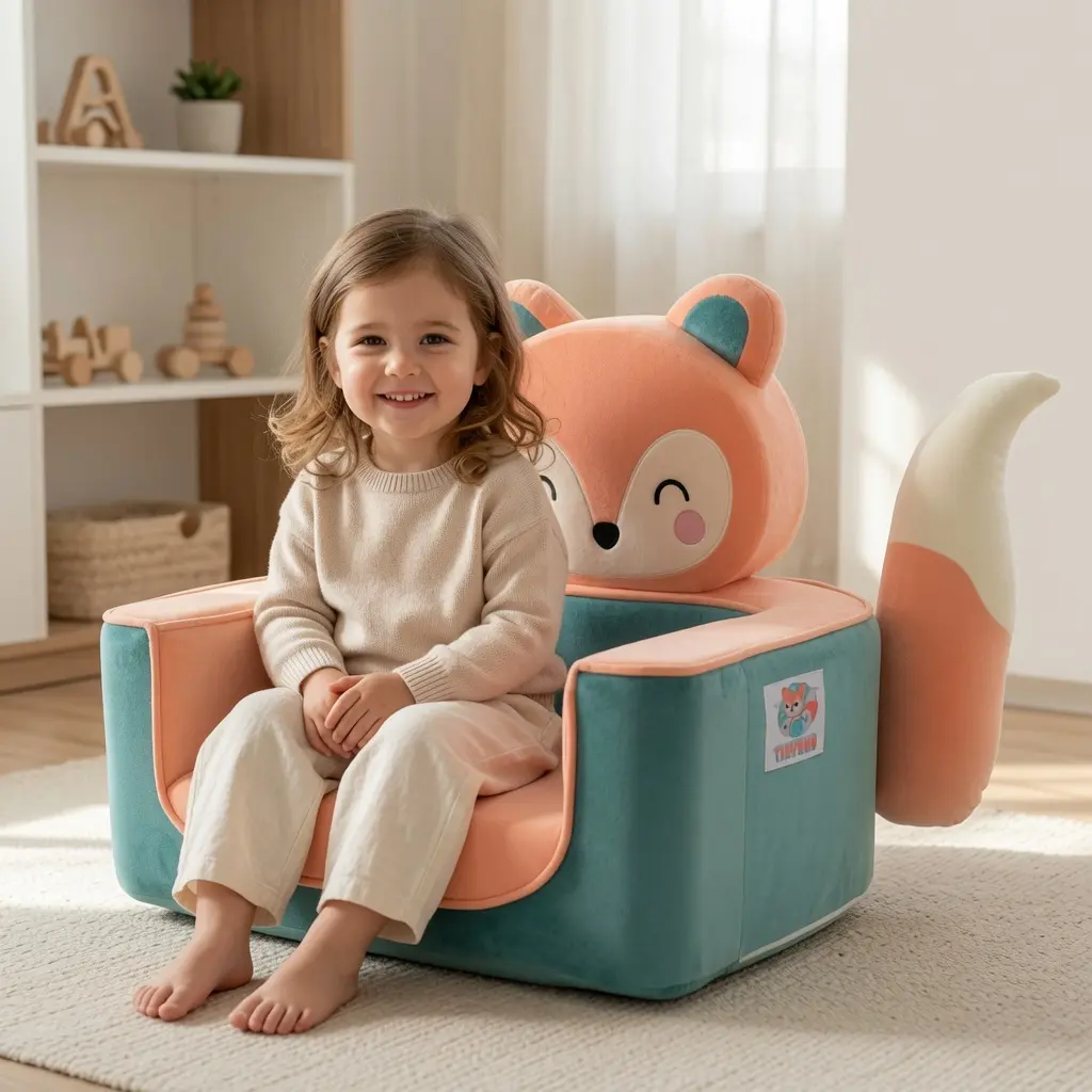 TinyHug Single Seat Fox Kids Velvet Foam Chair - Velvet Cover, Soft Toddler Chair, Cute Nursery Furniture, Pre-Assembled No Assembly Needed
