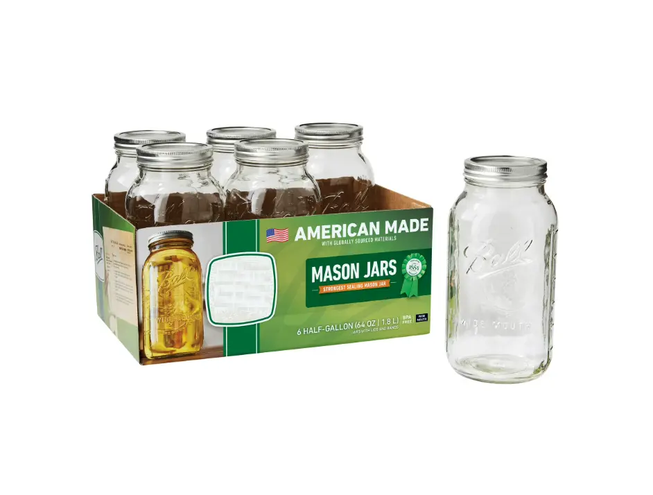 Set of 6 Large 64 oz Wide Mouth Mason Jars with Secure-Tight Metal Lids & Bands Premium Clear Glass Containers for Food Storage Canning
