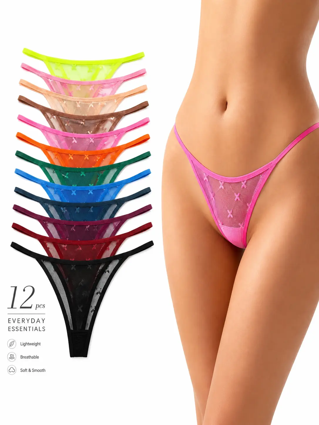 Women's 12-Pack Lace Thongs, Soft Spandex Lingerie, Seamless Low Rise G-Strings for Daily Casual Wear, Panty
