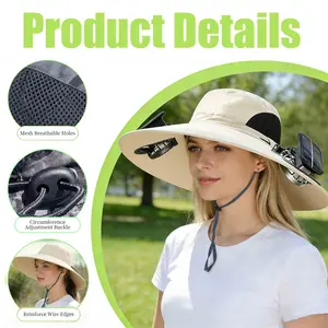 Outdoor Wide Brim Sun Hat with 2 Solar Fan Sun Bucket Hat for Men Women UPF 50+ Bucket Fishing & Beach Hat with Fan Built in