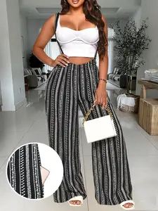 Women’s black-and-white ethnic-style striped suspender wide-leg pants — high-waisted with a drapey feel and pockets; Bohemian vacation casual long pants