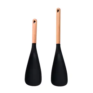 2 Piece Silicone Wood Handle Cooking Spoon Set, High Heat Resistant Non-Stick Pan Compatible, Multi-Use Stir Fry Scraping Spatula, Kitchen Baking Essential, Nonstick Spatula, Kitchen Utensils