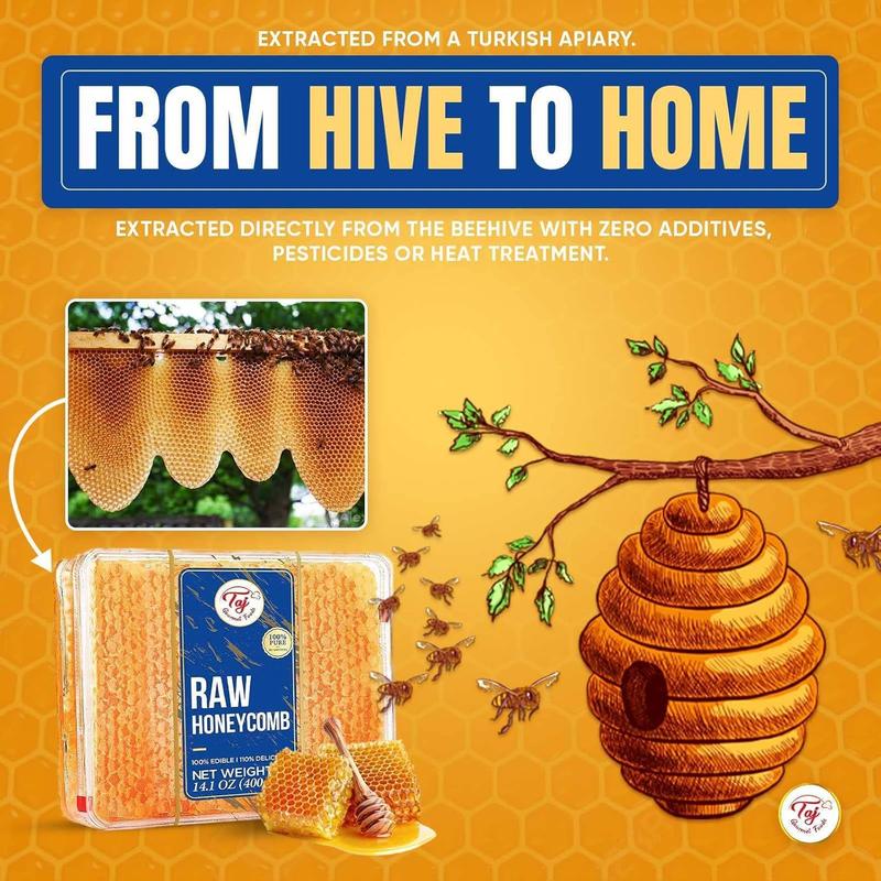 Taj Gourmet All Natural Raw Honeycomb Honey Pure Turkish Raw Honey Comb -All Natural Edible Honey Combs Raw Edible - Perfect For Healthy Smoothies Honey With Honeycomb, 200g (7.05oz)