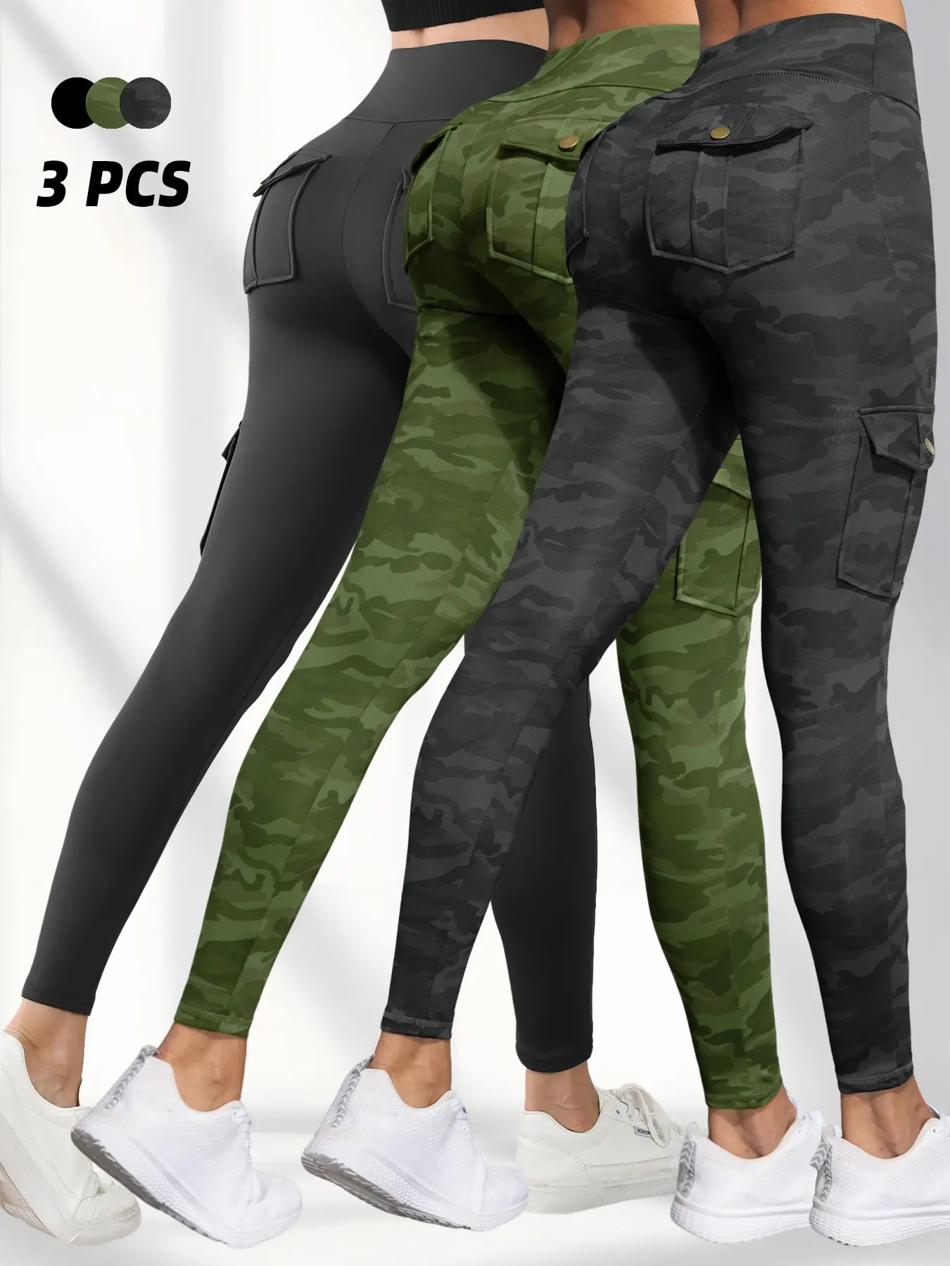 Women's High Waist Activewear Skinny Pants Set, Plain Color, Pocket Design, Water Wash Print, Fashionable Athletic Wear Sportswear for Daily Wear & Fitness, Shaping Leggings