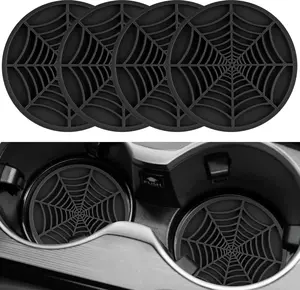 4PCS Spider Web Car Coasters for Cup Holders, Halloween Funny Non-Slip Silicone Insert Ornaments Coasters, Automotive Cupholder Goth Accessories for Men & Women(Black)