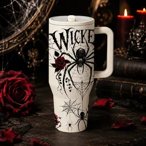 1 Pc 40oz gothic spider rose insulated mug, double wall, leak proof, large handle thermal cup for hot cold drinks, keeps hot 12 hours and cold 24 hours, dark web print gift for women men, Halloween holiday, office gym travel daily use