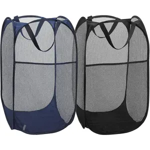 2 Pack Foldable Mesh Popup Laundry Hamper,Laundry Basket Easy to Open and Fold for Dorm,Travel, College Dorms, and More (Black and blue)