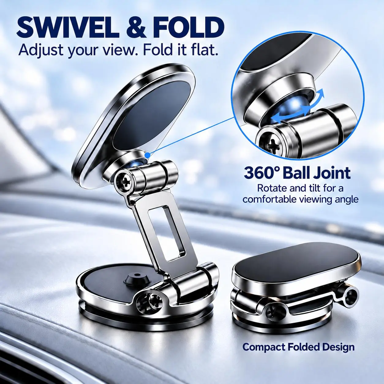 Magnetic Car Phone Holder, Foldable Zinc Alloy Dashboard Mount with 8 Magnets, 360° Swivel Head & Rotating Base, Adjustable Viewing Angle, Black or Silver