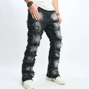 Men's Destroyed Biker Jeans | Y2K Hip Hop Raw Hem Design | Slim-Straight Ripped Denim Pants with Patch & Spliced Details